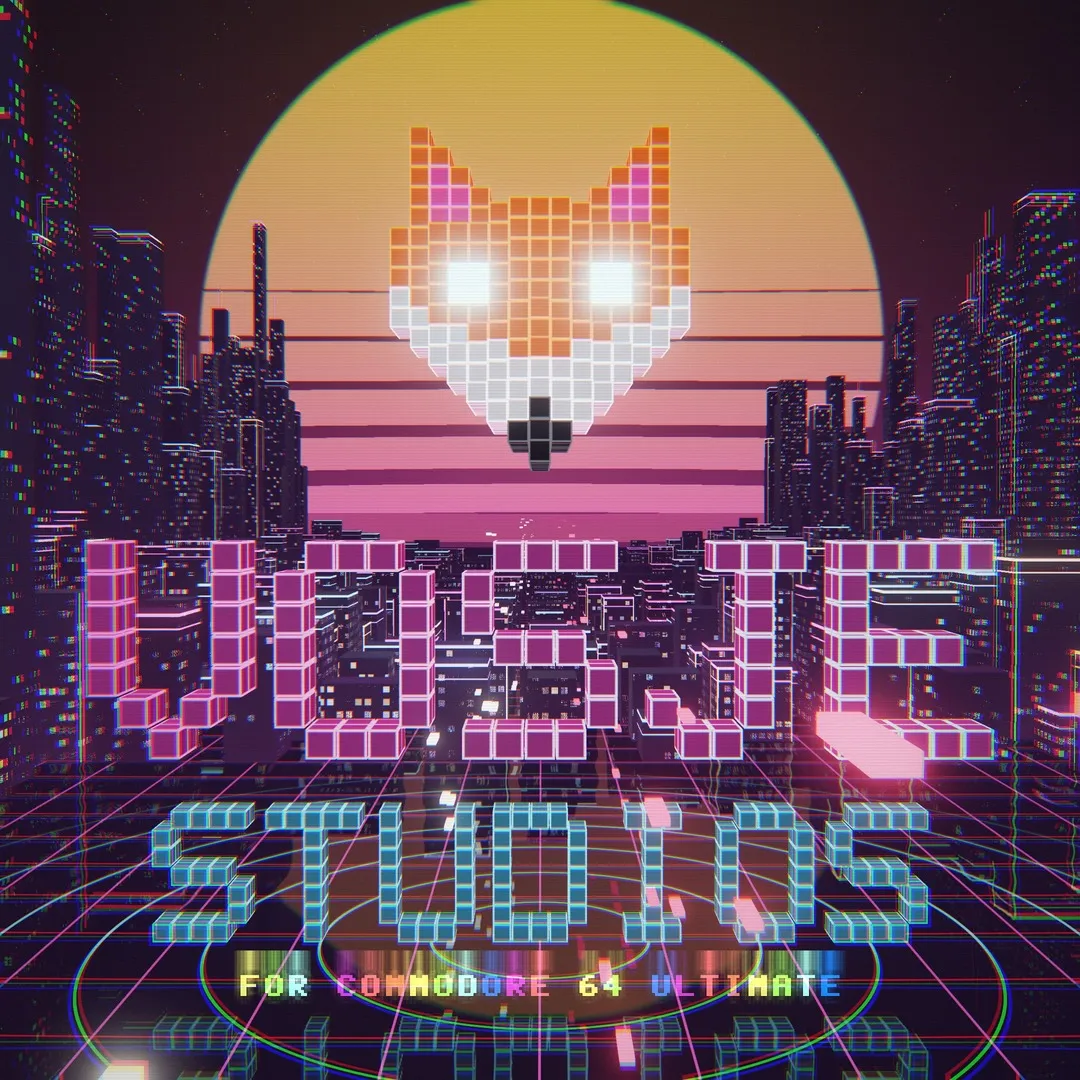 Vosje Studios logo: a pixel fox in front of a synthwave sun